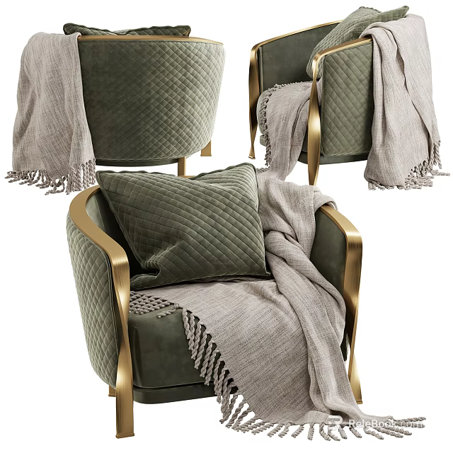 Green Single Sofa With Golden Armrests Gray Blanket And Textured Cushion 3d model 
