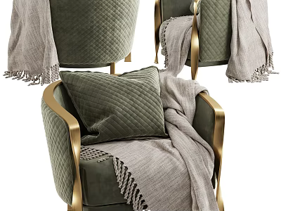 Green Single Sofa With Golden Armrests Gray Blanket And Textured Cushion 3d model
