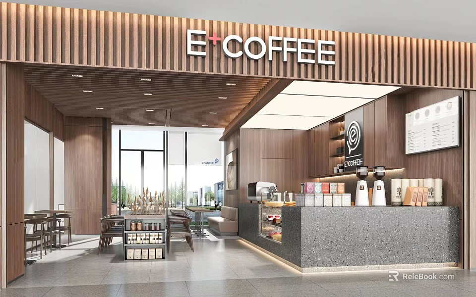 E+COFFEE Café Modern Interior With Wooden Wall Counter Drinks Display Tables Chairs And Large Windows 3d model 