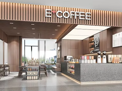 E+COFFEE Café Modern Interior With Wooden Wall Counter Drinks Display Tables Chairs And Large Windows 3d model