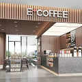 E+COFFEE Café Modern Interior With Wooden Wall Counter Drinks Display Tables Chairs And Large Windows