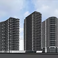 Modern Curved And Linear High Rise Buildings With Urban Road Cars And Pedestrians