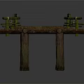 Rustic Wooden Bridge Structure With Planked Deck Green Railings And Supporting Posts