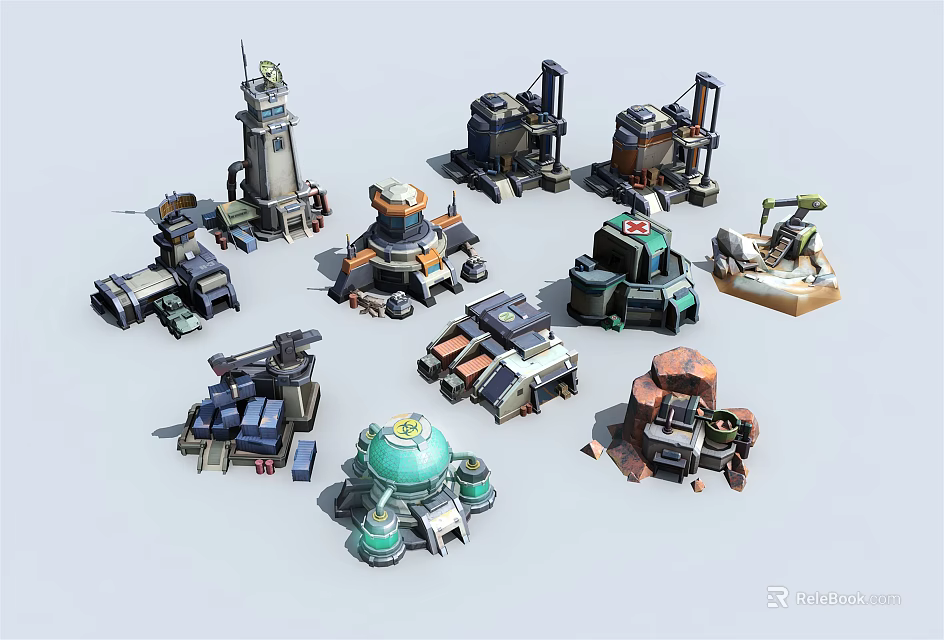 Cartoon Scene With Various Mechanical Structures Tower Like Shapes Dome Designs Antennas And Colorful Pipes 3d model 