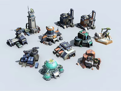 Cartoon Scene With Various Mechanical Structures Tower Like Shapes Dome Designs Antennas And Colorful Pipes 3d model