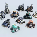 Cartoon Scene With Various Mechanical Structures Tower Like Shapes Dome Designs Antennas And Colorful Pipes