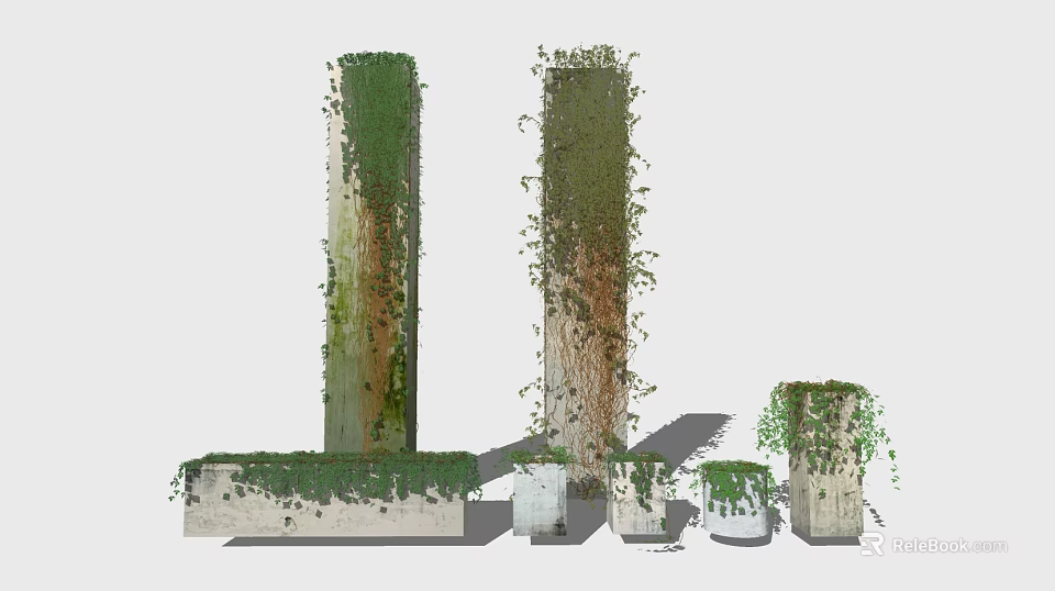 Lush Green Vines Naturally Growing On Tall Columns And Small Concrete Pedestals 3d model 