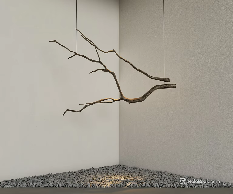 Natural Wooden Branch Shaped Hanging Decor Suspended On White Wall With Pebble Floor 3d model 