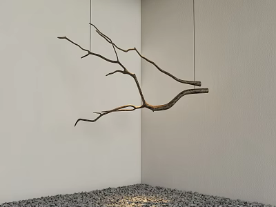 Natural Wooden Branch Shaped Hanging Decor Suspended On White Wall With Pebble Floor 3d model