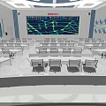 Modern Conference Room Interior With Large Digital Screen Data Charts Arranged Tables And Chairs