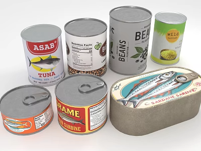 Assorted Canned Food Products Including Tuna Beans Sailfish And Flame Varieties 3d model