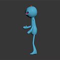 Funny Blue Cartoon Game Character With Smiling Face Red Head Spot Slender Body Gray Background