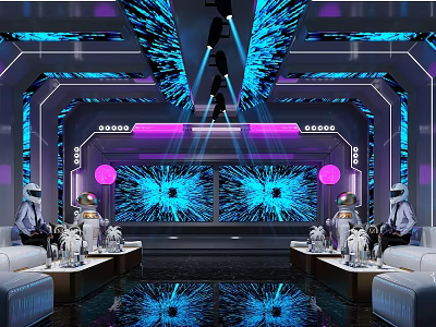 Modern KTV Lounge Featuring Blue Purple Lighting Large Screens and Astronaut Themed Decorations 3d model