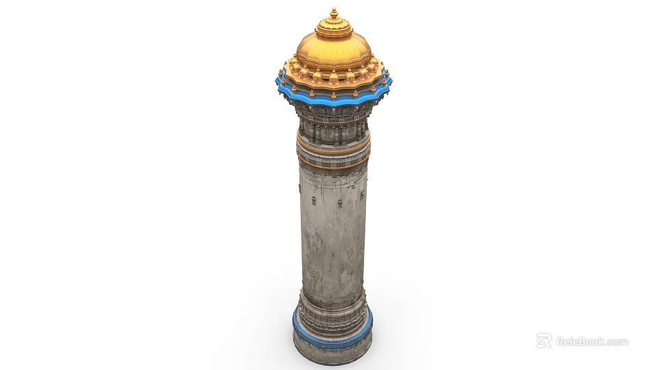 Ornate Tower With Golden Dome Blue Decorations And Gray Textured Body 3d model 