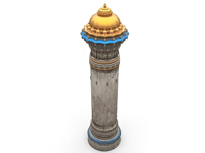 Ornate Tower With Golden Dome Blue Decorations And Gray Textured Body 3d model