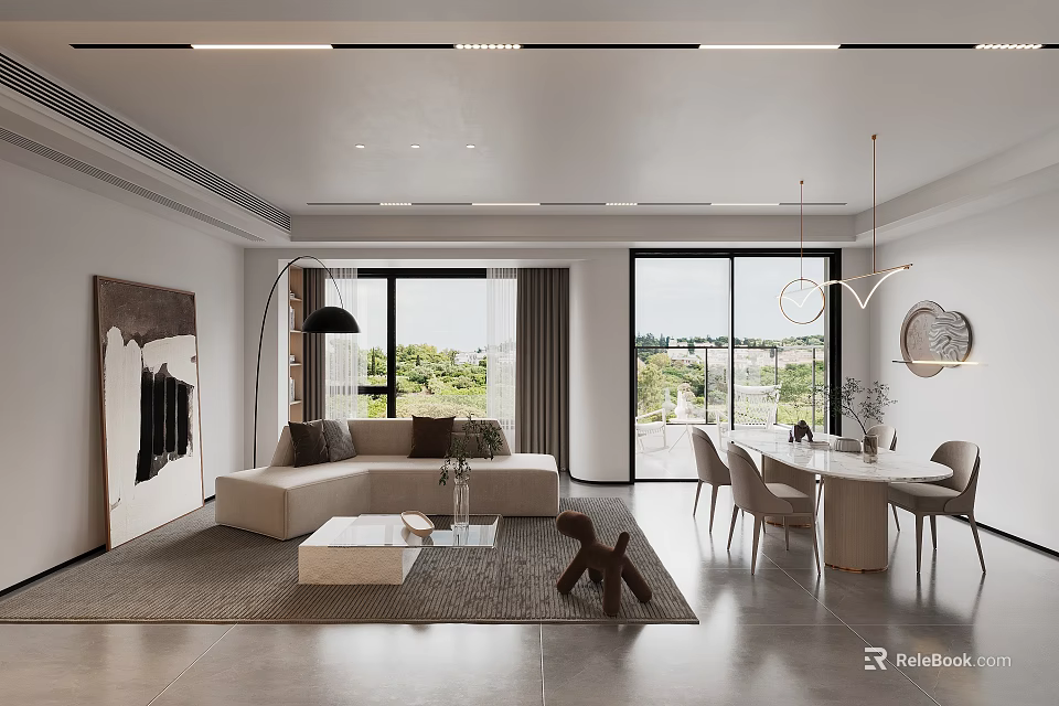 Modern Living Dining Area with Sofa Coffee Table Dining Chairs and Floor to Ceiling Windows 3d model 