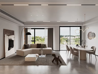 Modern Living Dining Area with Sofa Coffee Table Dining Chairs and Floor to Ceiling Windows 3d model