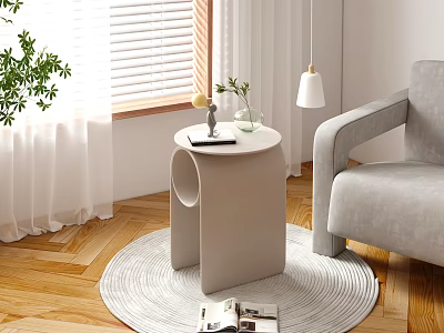 Modern Minimalist Side Table In Living Room With Grey Armchair Wooden Floor And Green Plant 3d model