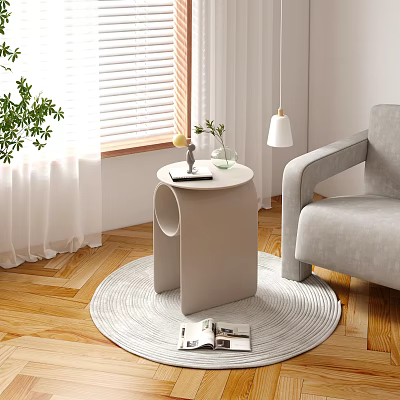 Modern Minimalist Side Table In Living Room With Grey Armchair Wooden Floor And Green Plant 3d model