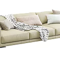 Modern Beige Three Seater Sofa With Soft Fabric Cushions And Throw Blanket 3d model