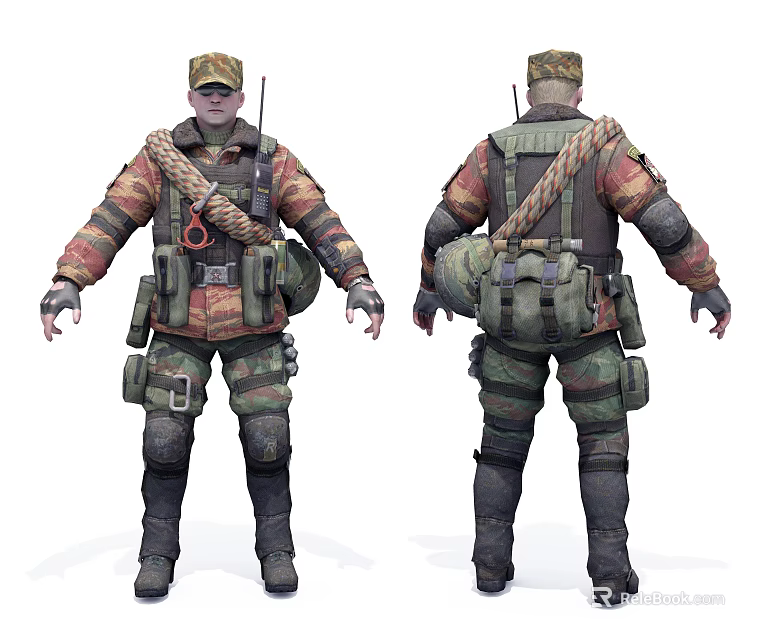 Game Movie Character In Military Uniform With Tactical Vest Backpack Rope Front And Back Views 3d model 