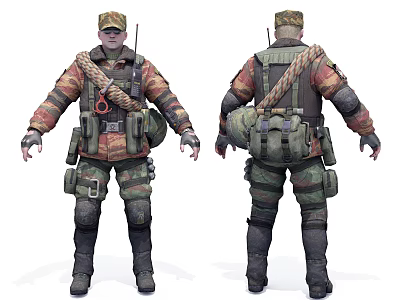 Game Movie Character In Military Uniform With Tactical Vest Backpack Rope Front And Back Views 3d model