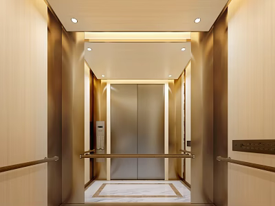 Modern Elevator Lobby Interior With Wooden Walls Metal Doors Recessed Lights And Marble Floor 3d model