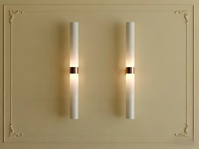 White Cylindrical Wall Lamps With Metal Ring On Beige Wall Decorative Border 3d model