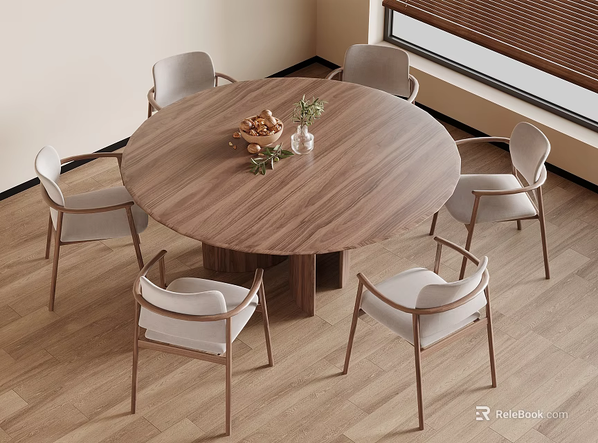 Round Wooden Dining Table With Six Chairs Natural Light And Decor Items 3d model 