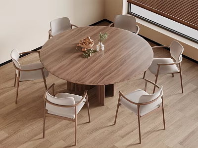 Round Wooden Dining Table With Six Chairs Natural Light And Decor Items 3d model