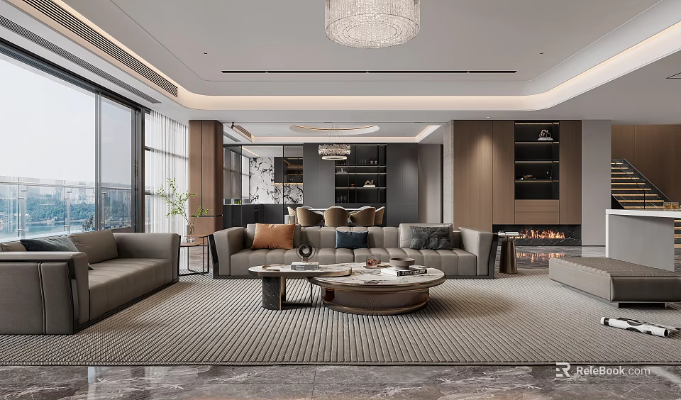 Modern Duplex Living Room With Panoramic Windows Sofas And Fireplace 3d model