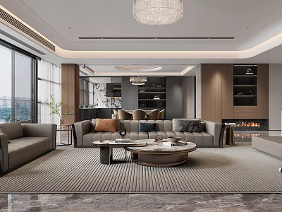 Modern Duplex Living Room With Panoramic Windows Sofas And Fireplace 3d model