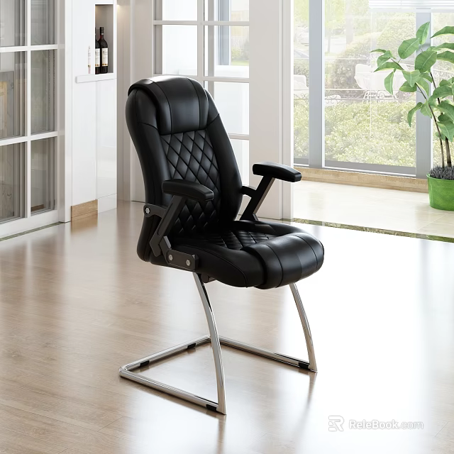 Black Leather Office Chair With Diamond Stitch Design Armrests Metal Frame In Modern Office Interior 3d model 