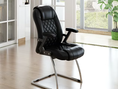 Black Leather Office Chair With Diamond Stitch Design Armrests Metal Frame In Modern Office Interior 3d model