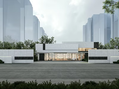 Modern Entrance Gate Design With Glass Facade And Green Plants Near Tall Buildings 3d model