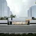 Modern Entrance Gate Design With Glass Facade And Green Plants Near Tall Buildings