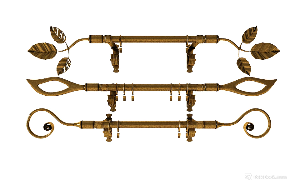 Golden Curtain Accessories With Decorative Leaf Designs And Elegant Finials 3d model 