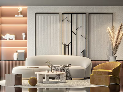 Modern Sofa And Coffee Table Set With Yellow Accent Chair Geometric Wall Art And Shelves 3d model