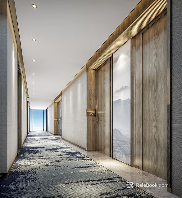 Modern Hotel Corridor With Wooden Doors Spacious Carpet And Natural Light 3d model 