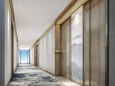 Modern Hotel Corridor With Wooden Doors Spacious Carpet And Natural Light 3d model