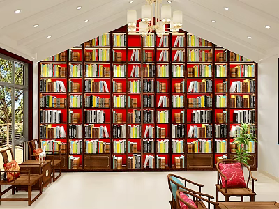 Classic Full Wall Decorative Book Cabinet With Abundant Colorful Book Collections For Cozy Home Study 3d model