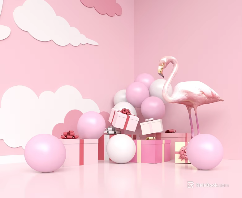 Pink Themed Room With Flamingo Balloons Gift Boxes And Cloud Decorations 3d model 