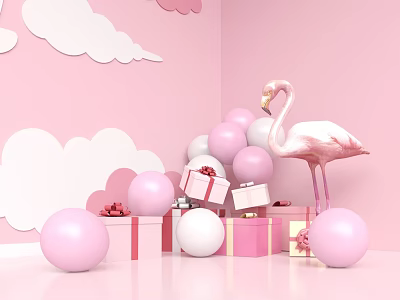 Pink Themed Room With Flamingo Balloons Gift Boxes And Cloud Decorations 3d model