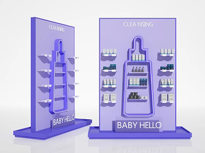 Purple Baby Hello Cleansing Display Shelves With Bottle Shaped Design Photo Check in Spot 3d model