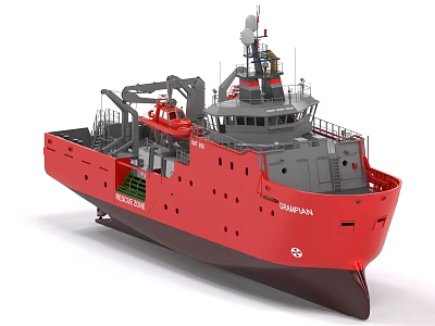 Red Dumont Grandin Marine Vessel With Crane And Deck Equipment Features 3d model