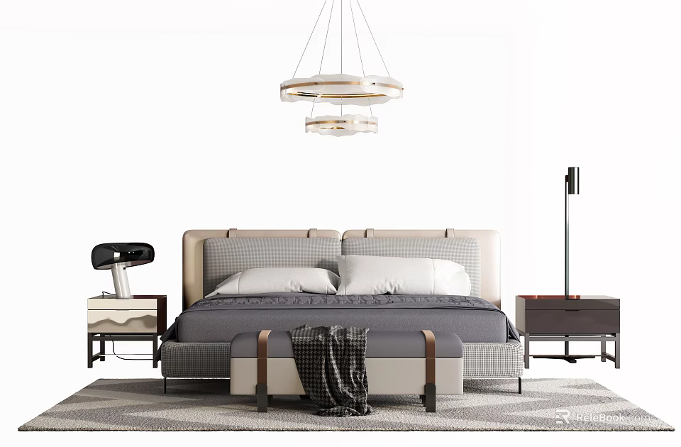 Modern Double Bed with Upholstered Headboard Bedside Tables Chandelier and Bench on Rug 3d model 