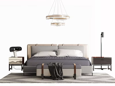 Modern Double Bed with Upholstered Headboard Bedside Tables Chandelier and Bench on Rug 3d model