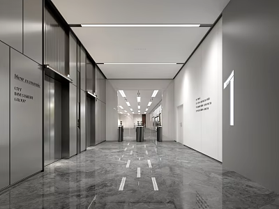 Modern Minimalist Elevator Hallway Interior Design With Marble Floor Linear Lighting And Signage 3d model
