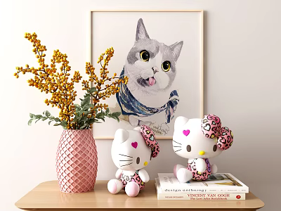 Cute Home Decor Ornaments Set with Hello Kitty Figurines Pink Vase Yellow Flowers and Cat Portrait 3d model