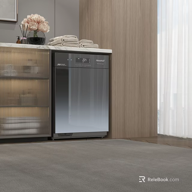 Modern Style Washing Machine in Wooden Wall Area with Folded Towels and Glass Door Cabinet 3d model 